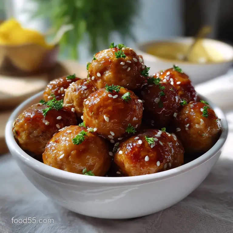 Tender meatballs glistening with sauce, artfully arranged in a small white bowl, garnished with a sprig of fresh parsley, ...