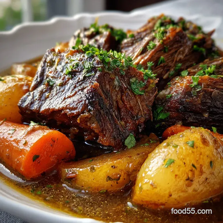 A perfectly portioned serving of pot roast, glistening with rich gravy, atop fluffy mashed potatoes and bright green peas.