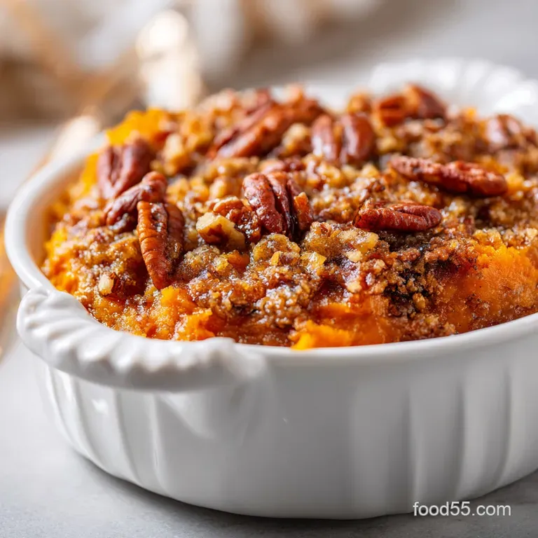 A scoop of creamy sweet potato casserole, swirled and topped with toasted pecans, on a white plate.