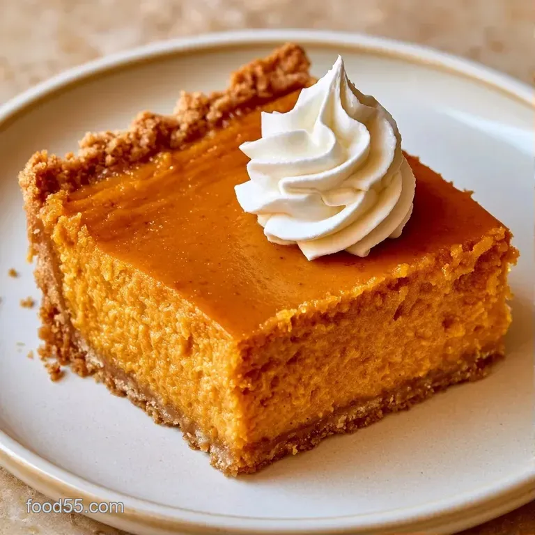 Elegant slice of vibrant orange custard on a ceramic plate with a swirl of white cream and ground nutmeg.