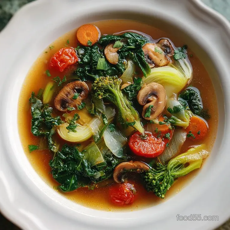 A bright bowl of vegetable soup with a garnish of fresh herbs, reflecting light, showcasing rustic textures and garden-fre...