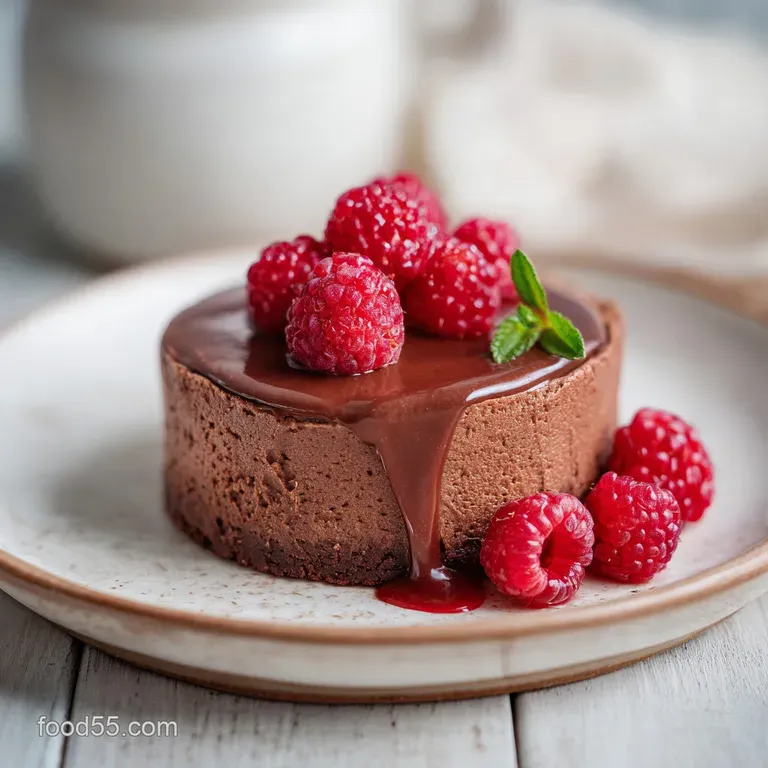 Slice of rich chocolate raspberry mousse cake on a white plate, dusted with cocoa, and scattered fresh raspberries. Elegan...
