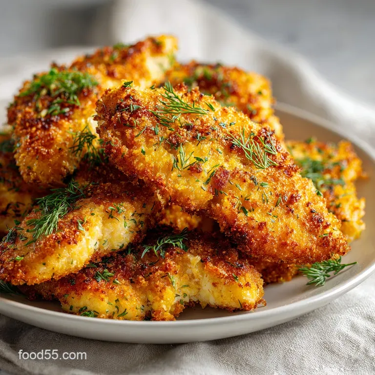 Crispy golden chicken breasts plated on white porcelain with sliced pickles and a bright lemon wedge.