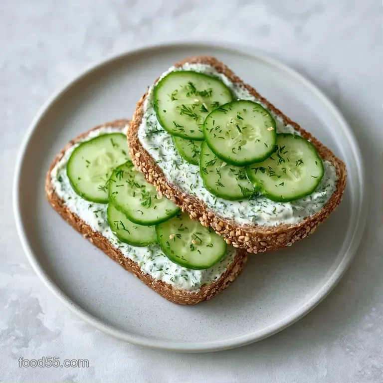 Neatly stacked tea sandwiches on a white ceramic platter, accented by fresh dill sprigs and crisp cucumber rounds.