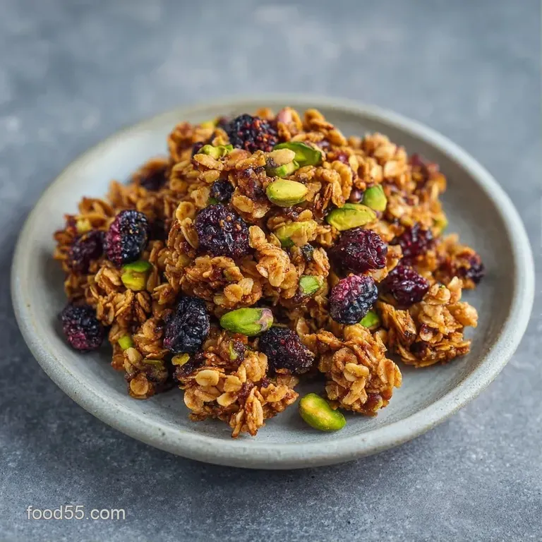 A white ceramic bowl filled with toasted oat clusters, bright green pistachios, and deep purple dried berries.