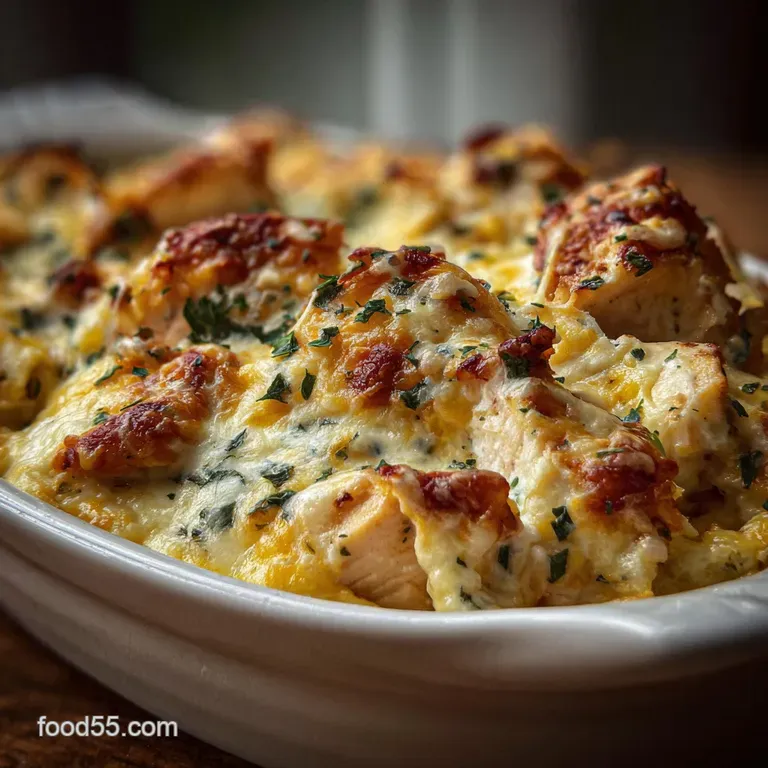 A glistening piece of tender baked chicken coated in cheddar, resting on a white plate. Hints of creamy sauce peek through.