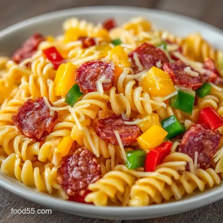 Vibrant pasta tossed with bright red tomatoes and creamy white cheese pearls served in a chilled glass serving bowl.