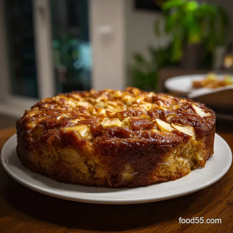 A single slice of apple cake, artfully arranged on a white plate. Crumb topping glistens, hinting at warmth, served with a...
