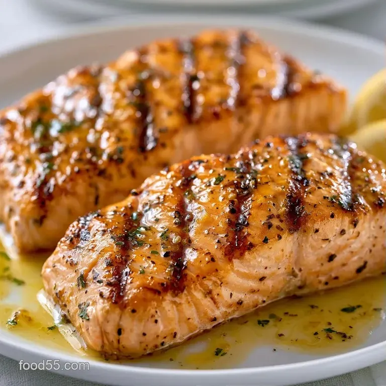 Perfectly seared salmon fillet on a white ceramic plate, garnished with a sprig of dill and a wedge of lemon.