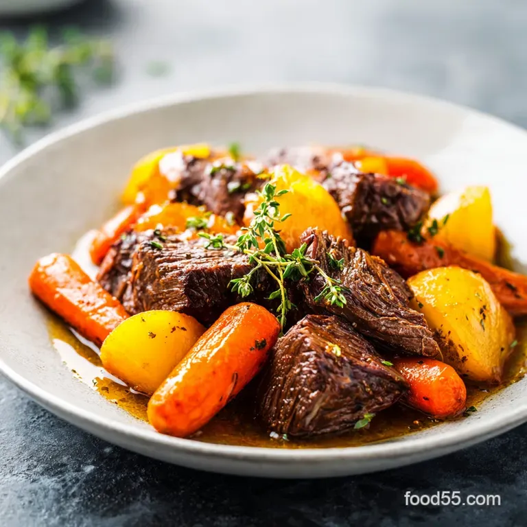 Tender braised beef and glazed carrots artfully arranged on a white plate, glistening with savory juices. Garnished with f...