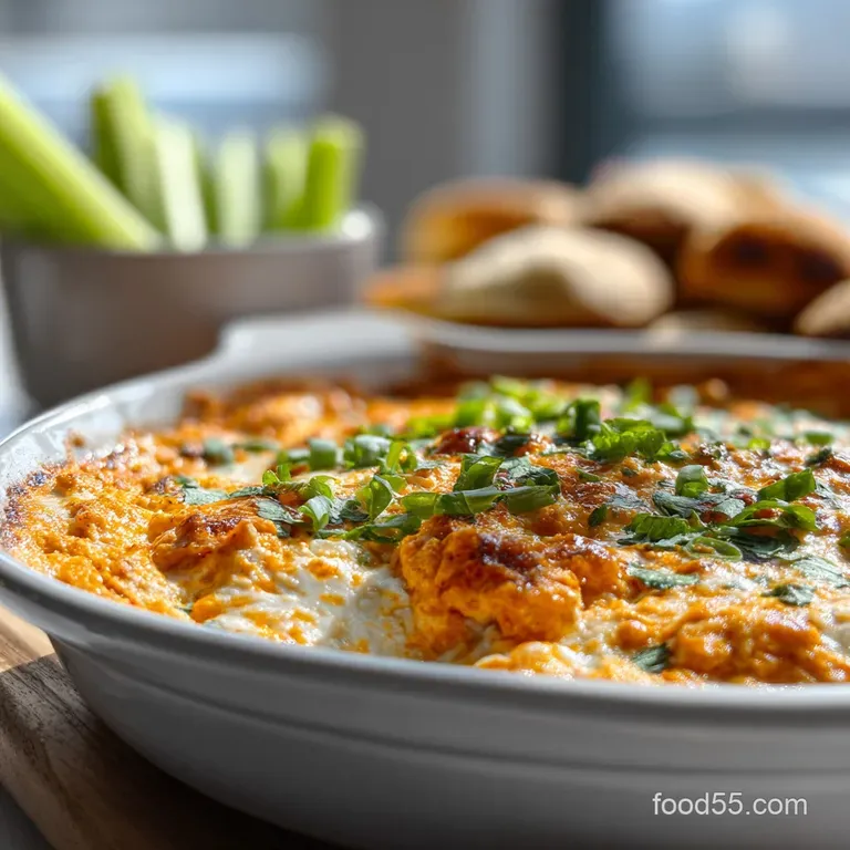Creamy buffalo chicken dip, served hot with crispy tortilla chips and crunchy celery sticks, inviting and ready to eat.