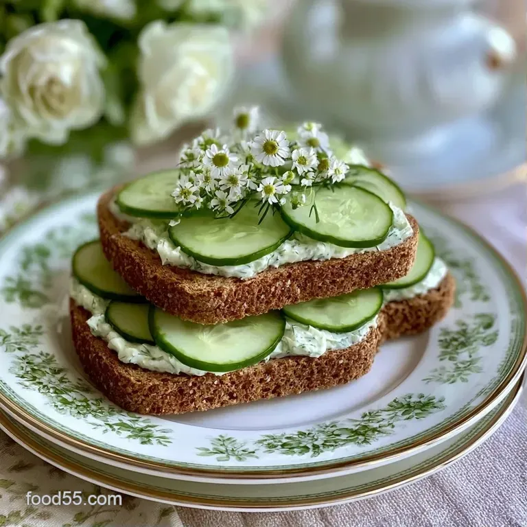 Dainty crustless sandwiches with bright green cucumber rounds arranged in a row on a minimalist porcelain platter.