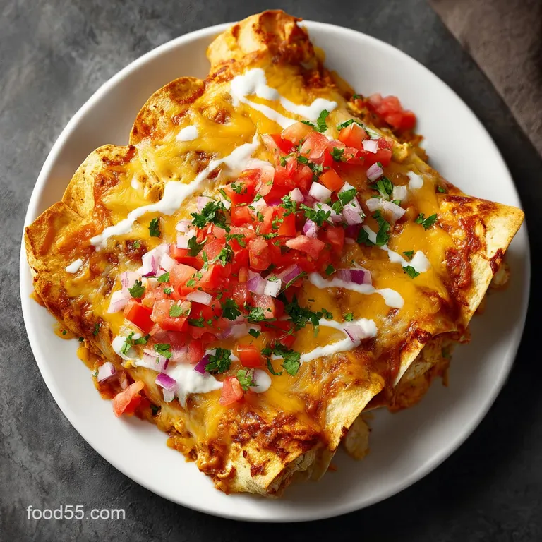 Two chicken enchiladas smothered in bright red sauce, plated with sour cream dollops and shredded lettuce on a white plate.