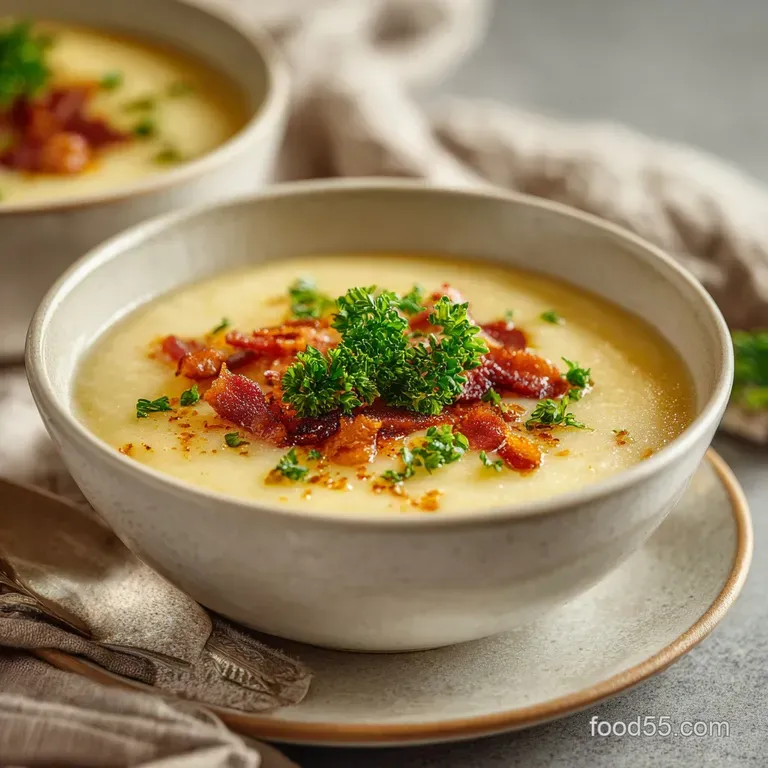 A velvety smooth potato soup elegantly served in a white bowl, garnished with chives and crusty bread.