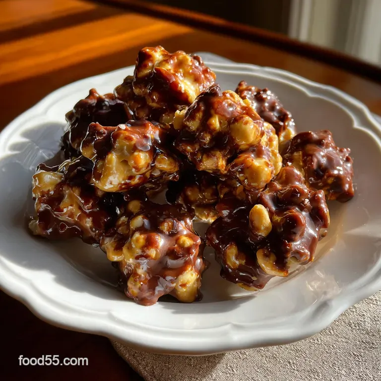 Dark chocolate peanut clusters arranged artfully on a white plate, offering a mix of smooth, glossy chocolate and crunchy ...
