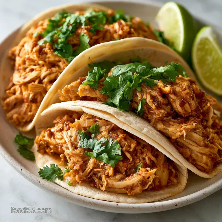 Three soft tacos filled with juicy pulled meat and bright red salsa, served with sliced avocado and lime wedges.