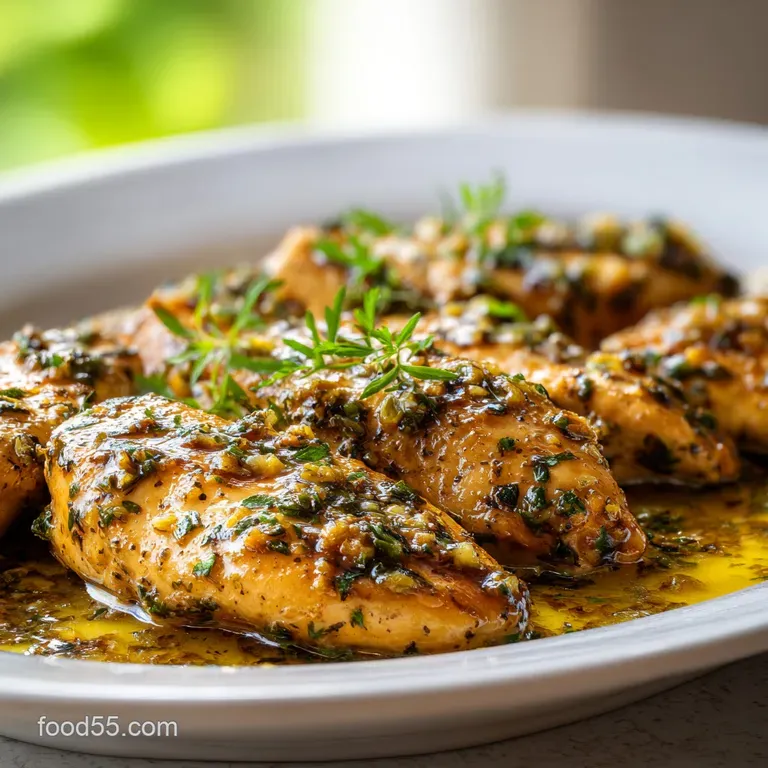 Seared chicken breast slices arranged neatly on a white ceramic plate with a drizzle of buttery garlic sauce.