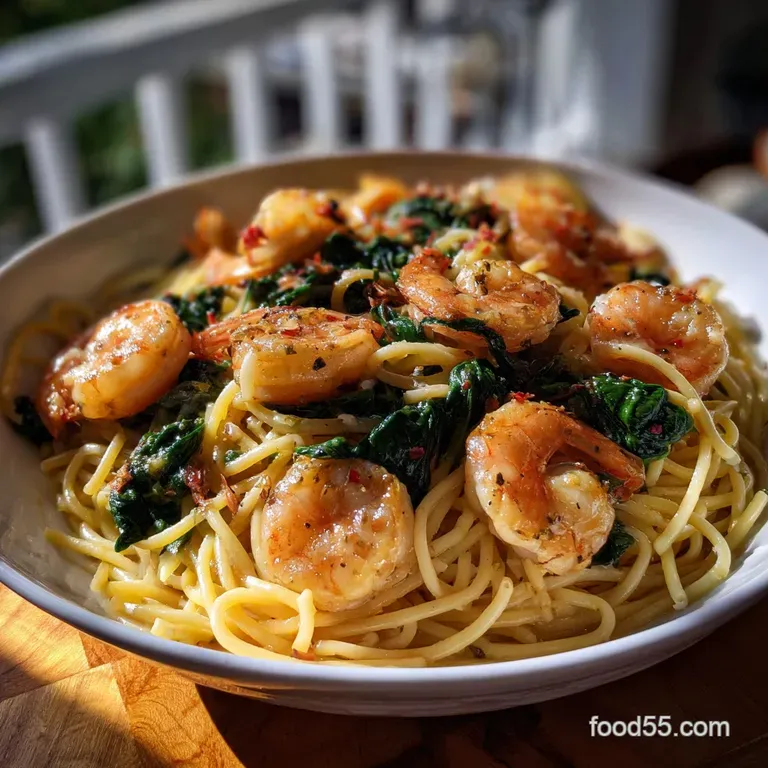 Easy Garlic Shrimp Pasta with Spinach: Velvety Sauce Zero Cream presentation