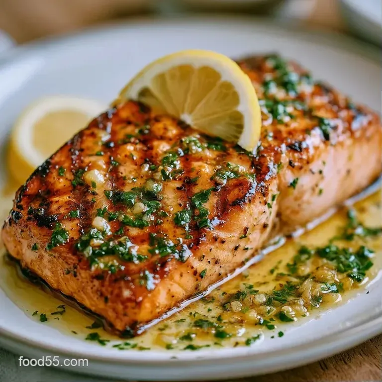 Flaky pink salmon fillet paired with steamed asparagus and a drizzle of lemon butter on a minimalist slate platter.