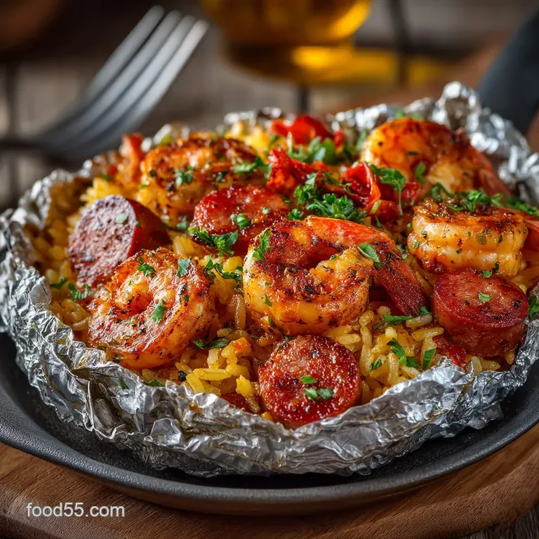 Smoked Sausage Shrimp Jambalaya Foil Packets Campfire Ready Supper presentation