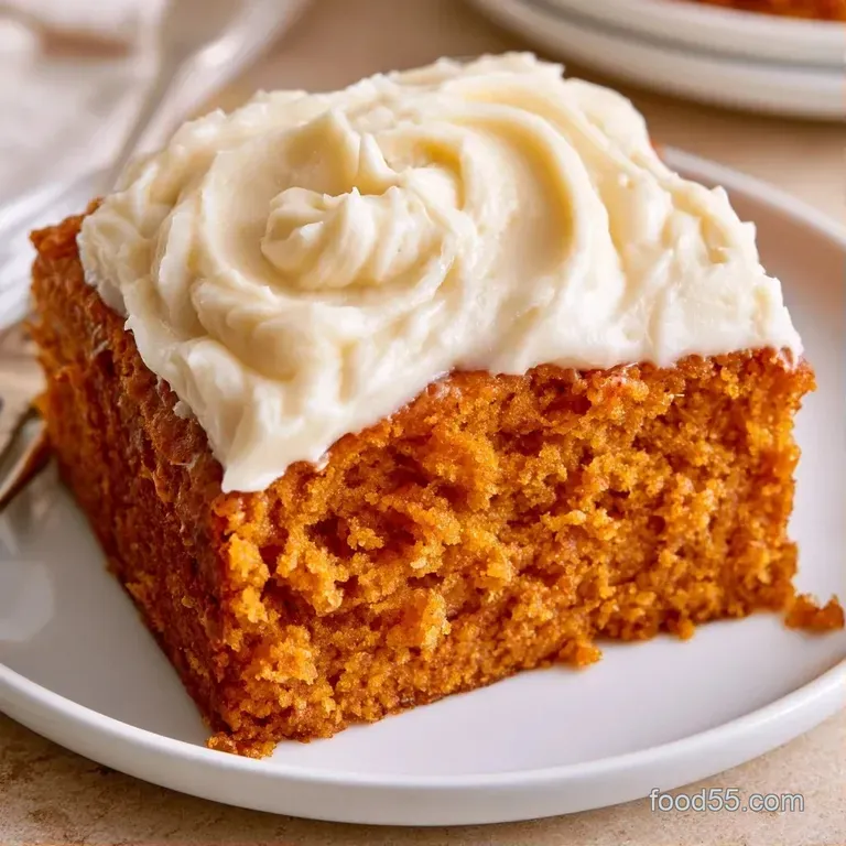 Elegant slice of moist orange cake on a white plate, garnished with a cinnamon stick and a dollop of whipped cream.