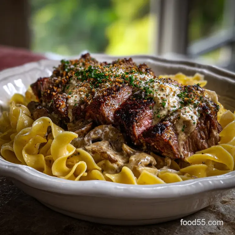 Elegant plate featuring thinly sliced prime rib fanned out, drizzled with rich jus and accented with sprigs of fresh herbs...