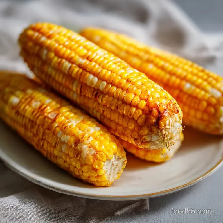 Perfectly baked corn on the cob, resting on a white plate; glistening with butter and sprinkled with herbs.