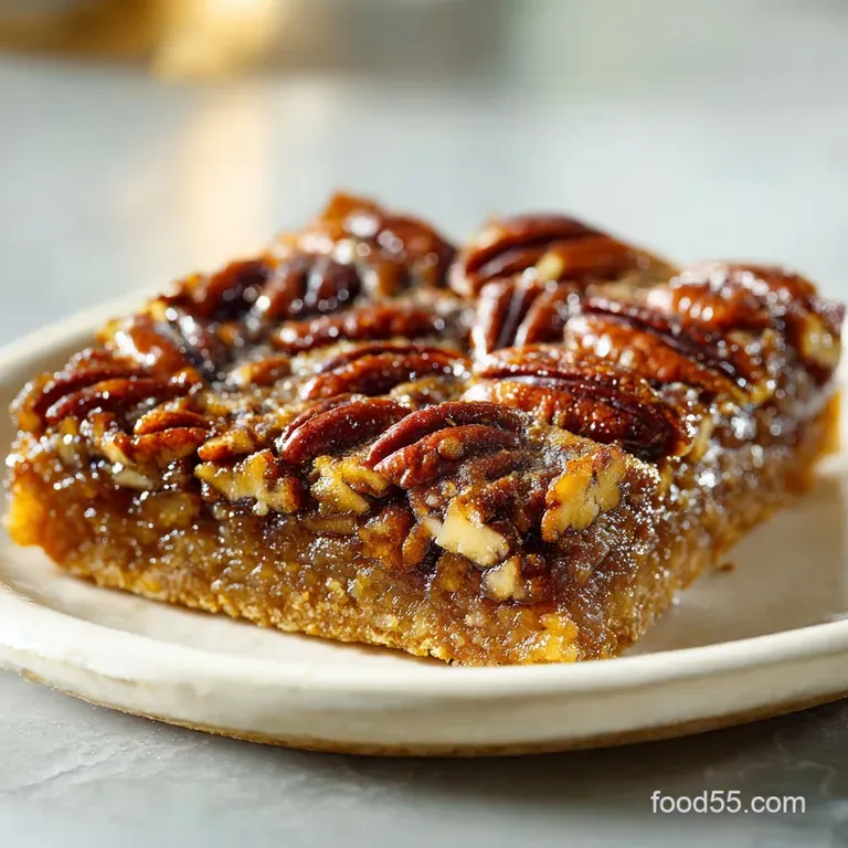 A single pecan pie bar, showcasing its rich brown filling and crisp, flaky crust, on a white dessert plate.
