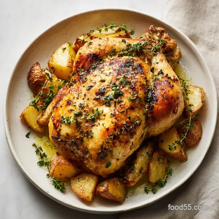 A perfectly plated portion of roasted chicken with vibrant vegetables, glistening with savory juices, creating an inviting...