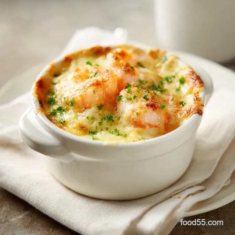 Seafood gratin in a scallop shell, garnished with parsley, showcasing its creamy texture and golden crust against a dark p...