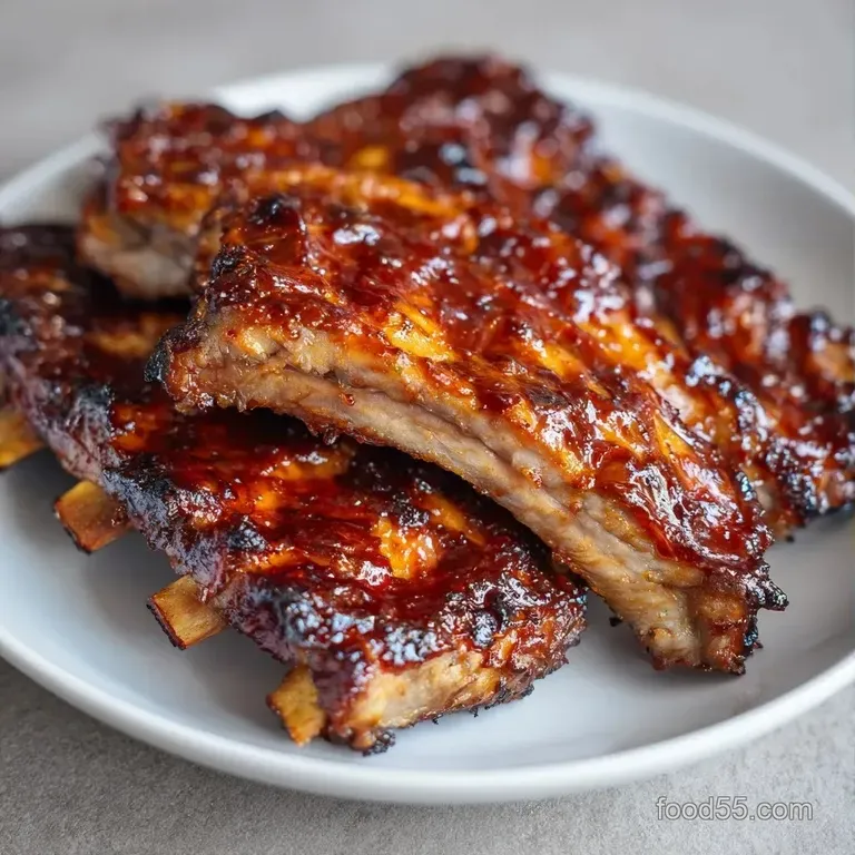 Glazed ribs stacked on a white plate with creamy purple coleslaw and buttery corn on the cob, garnished with parsley.