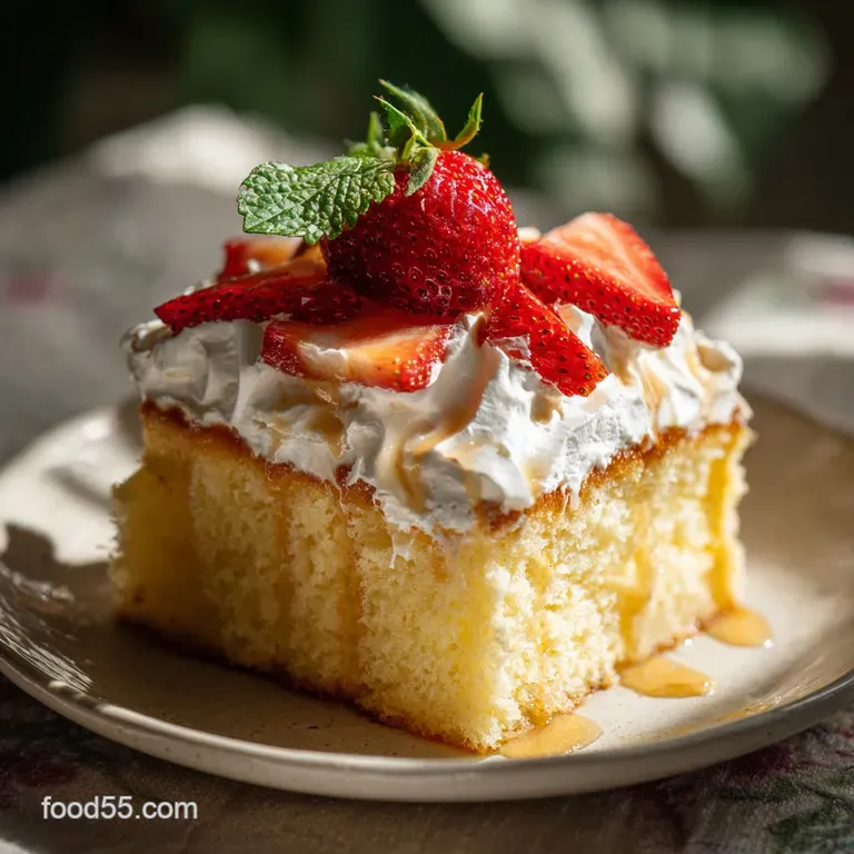 Slice of tres leches cake on a white plate, soaked in milky goodness, glistening under the light with a generous pool of s...
