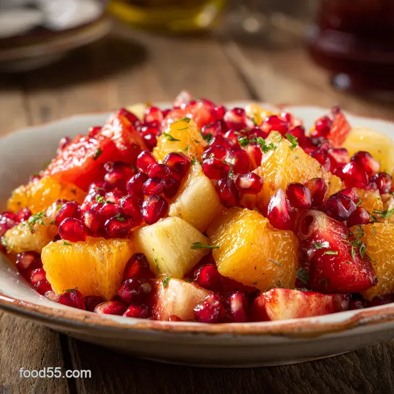 Elegant fruit salad with a glistening citrus glaze, artfully arranged on a white plate. Dressed with sprigs of fresh mint.