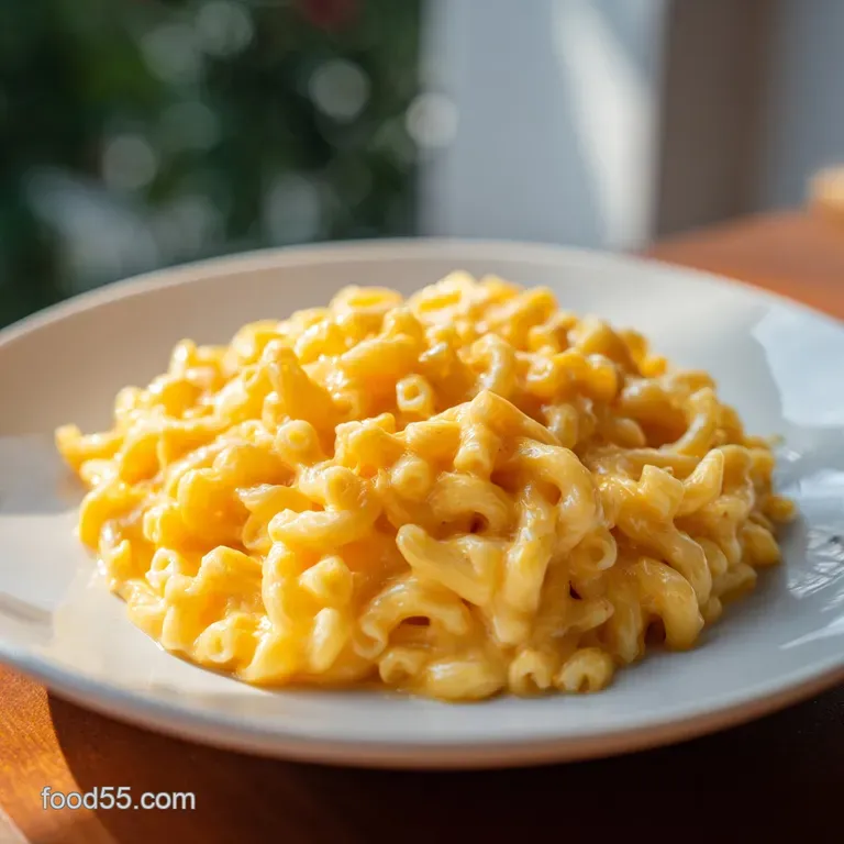 A generous scoop of rich, cheesy pasta artfully arranged with fresh herbs.