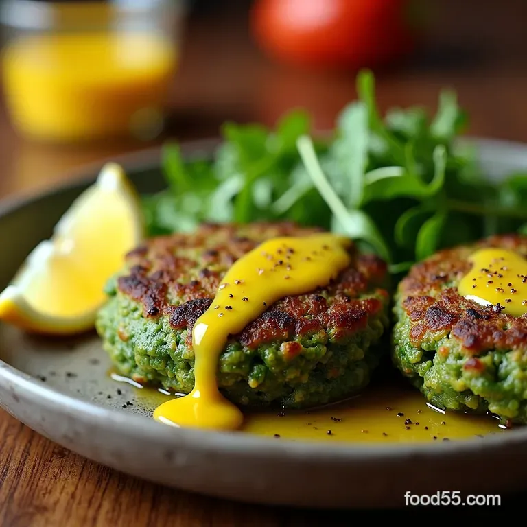 Emerald Quinoa Spinach Patties with Zesty Lemon Drizzle presentation
