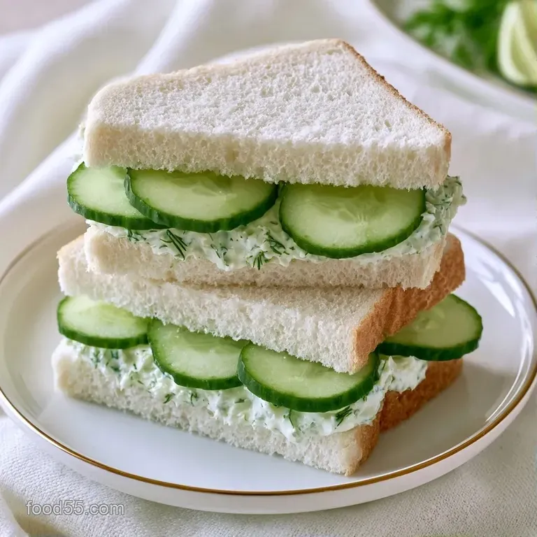 Small crustless finger sandwiches arranged on a white tiered porcelain platter with a delicate lace napkin.