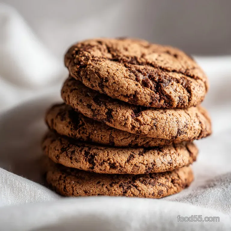 Espresso cookie drizzled with shimmering, translucent glaze on a small plate. Shaved chocolate curls accent the treat.