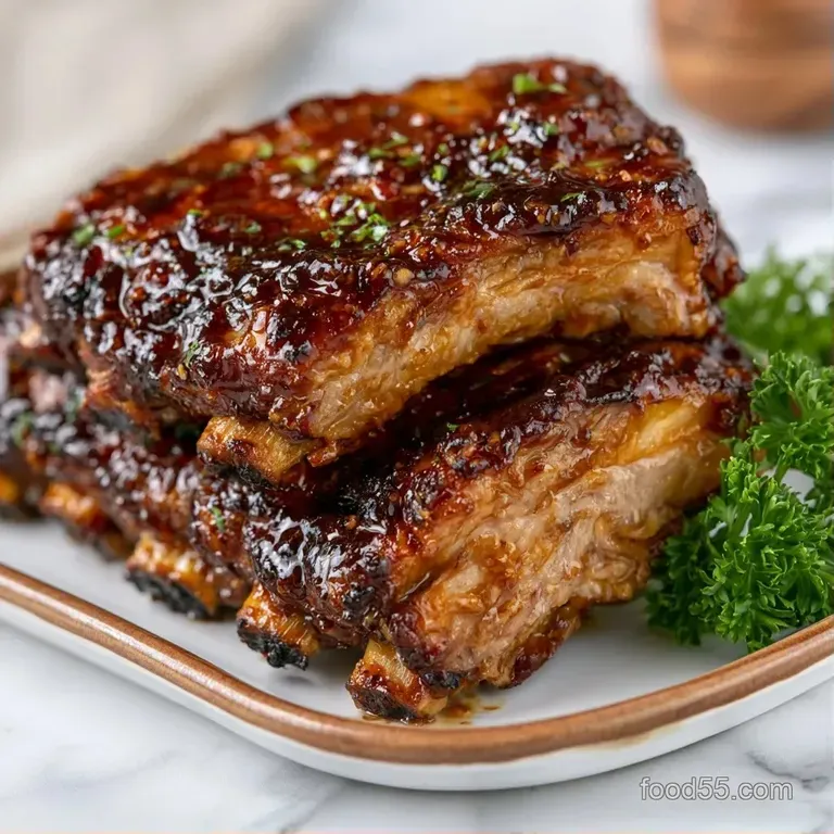Neatly stacked mahogany glazed ribs paired with bright yellow corn and crisp coleslaw on a white ceramic plate