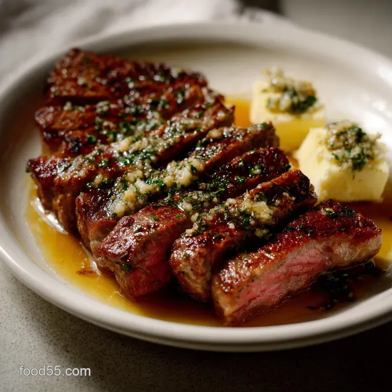 Elegant plate of perfectly cooked steak, artfully arranged with roasted potatoes, garlic, and a sprig of fresh rosemary.