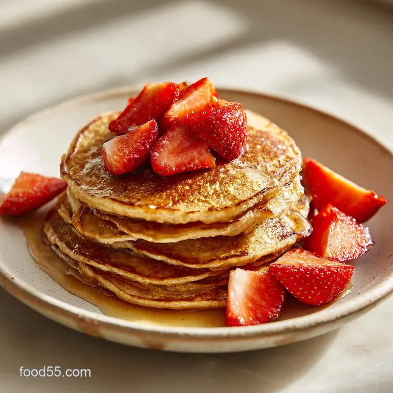 Two oatmeal pancakes topped with fresh blueberries and raspberries, drizzled with syrup on a white plate. Light and airy.