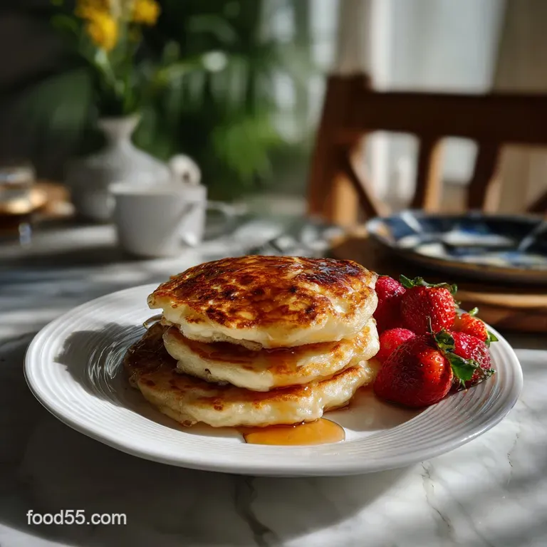 Three light and airy pancakes drizzled with syrup, served with fresh berries, garnished with mint on a clean white plate.