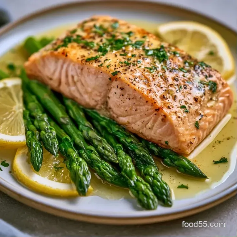 Pink salmon fillet paired with bright green asparagus on a white ceramic plate, garnished with a fresh lemon wedge
