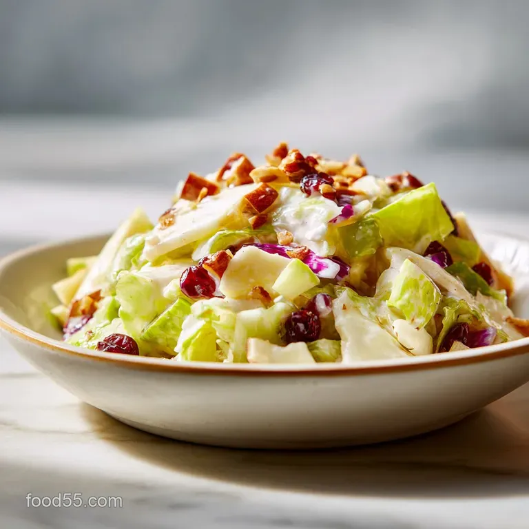 Elegant plate of Waldorf salad with vibrant red apple slices and toasted walnuts artfully arranged on a bed of lettuce.