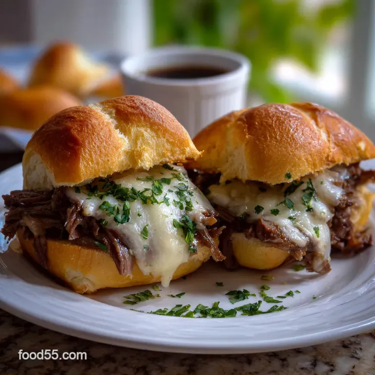 Elegant arrangement of sliders on a wooden board, glistening beef and toasted buns, accompanied by ramekins of warm, savor...