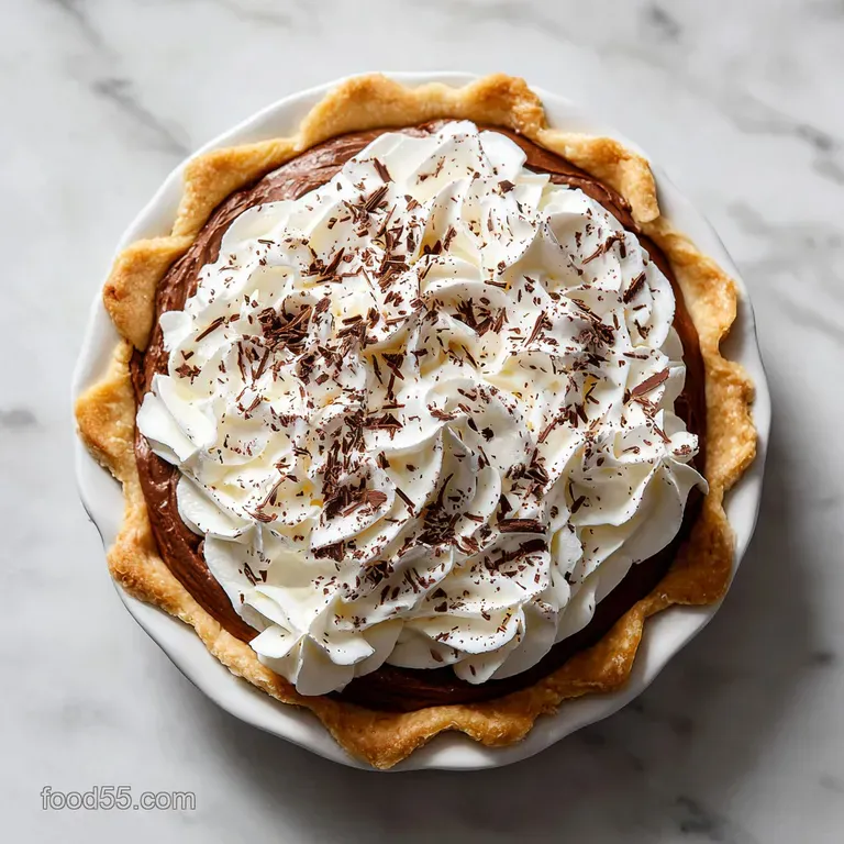 A precise slice of velvety chocolate pie on a ceramic plate, featuring a dark cocoa crust and a berry garnish.