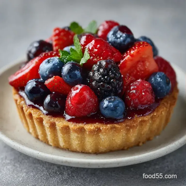 Neatly sliced dessert triangles on a white marble slab, topped with vibrant berries and a light dusting of powdered sugar.