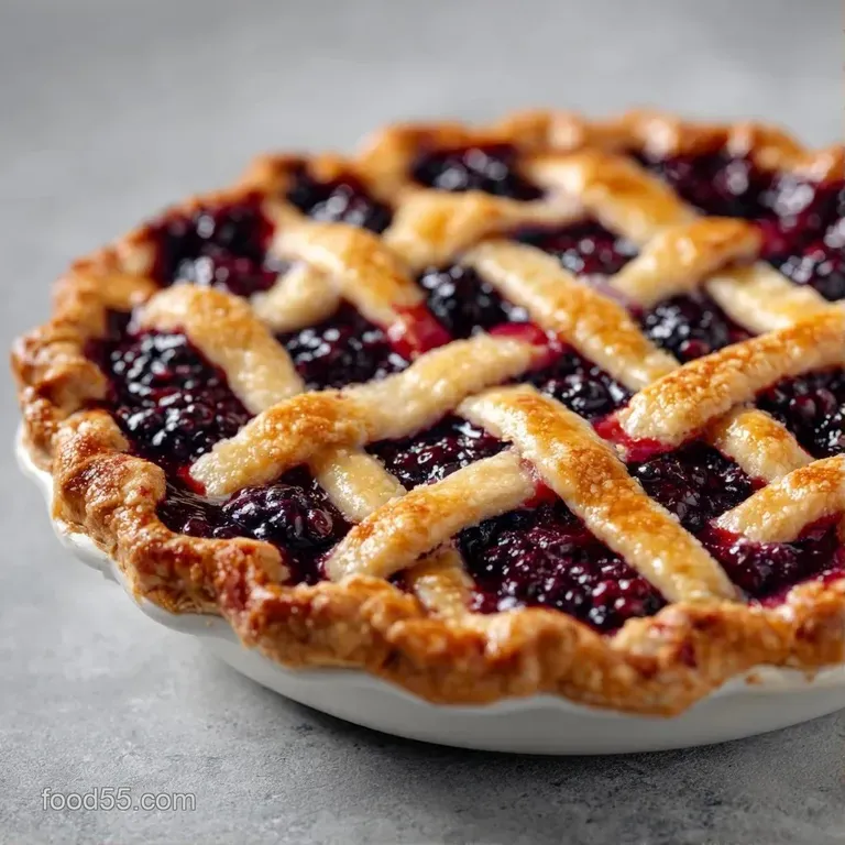 A slice of purple berry pie on a white ceramic plate, topped with a dollop of cream and a sprig of fresh mint.