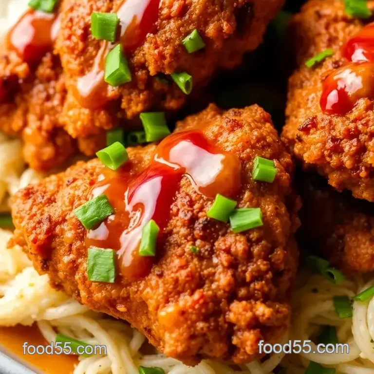 Crispy Fried Chicken Thighs with Fiery Honey Drizzle presentation