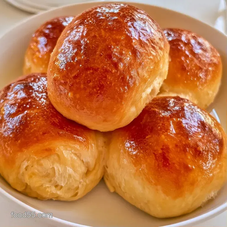 Warm, crusty rolls piled in a woven basket lined with a white linen cloth, served with a small dish of salted butter.