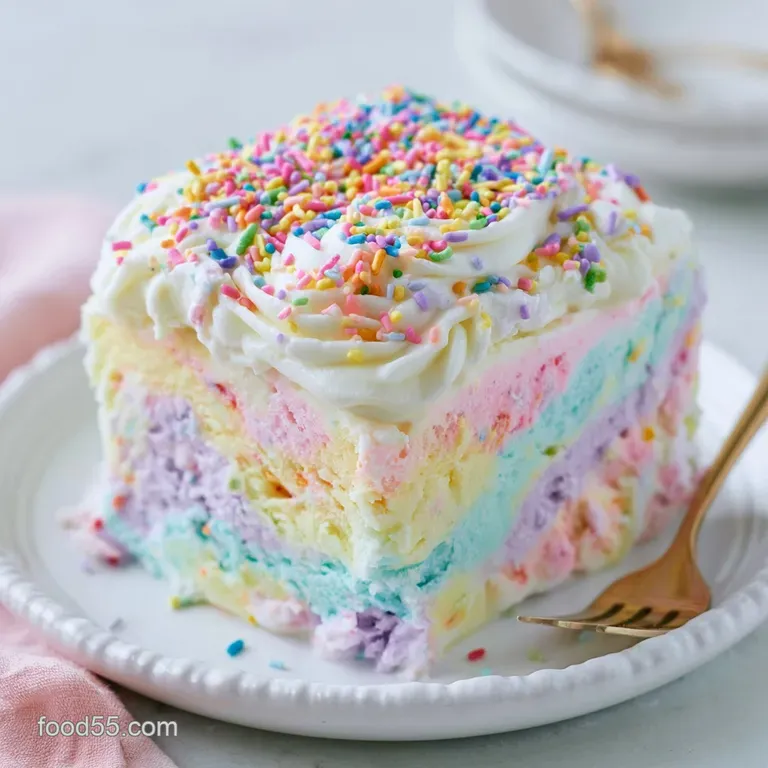 Vibrant pastel frozen drink topped with swirls of whipped cream and sparkling sprinkles on a clean white tabletop.
